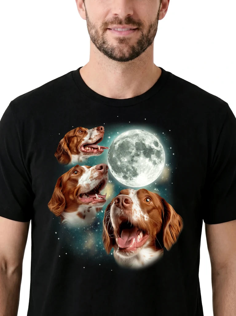 MagicMoon Three Brittany Spaniel Moon on model, design detail view, Funny Animal Shirt