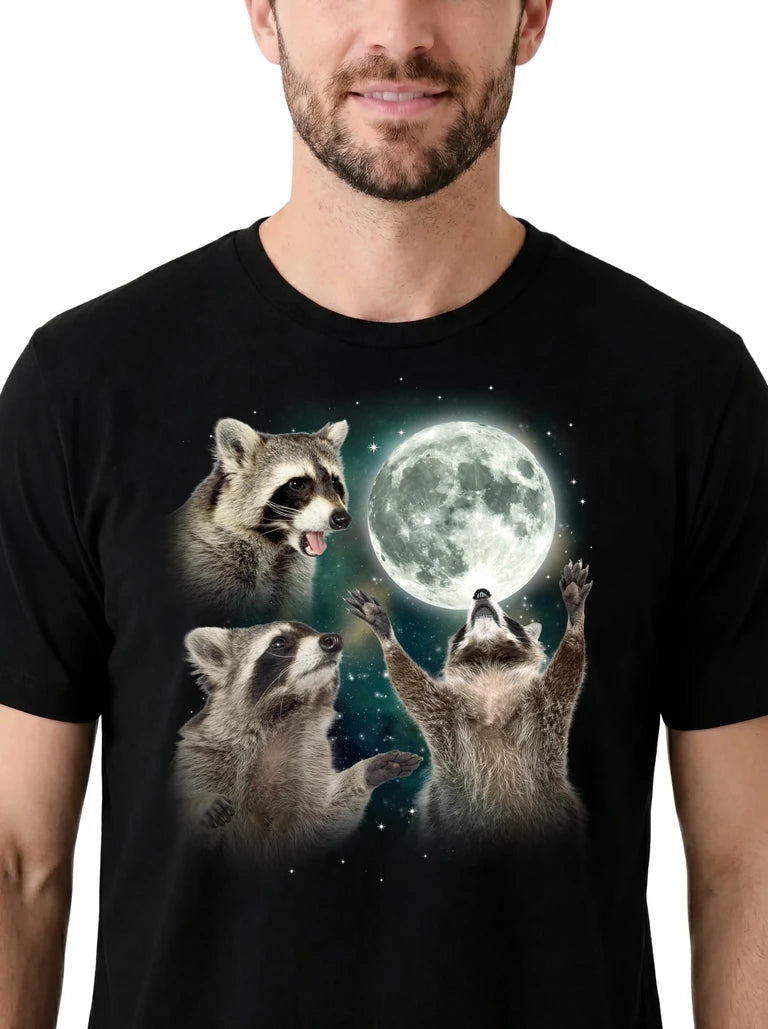 MagicMoon Three Raccoon Moon on model, design detail view, Funny Animal Shirt
