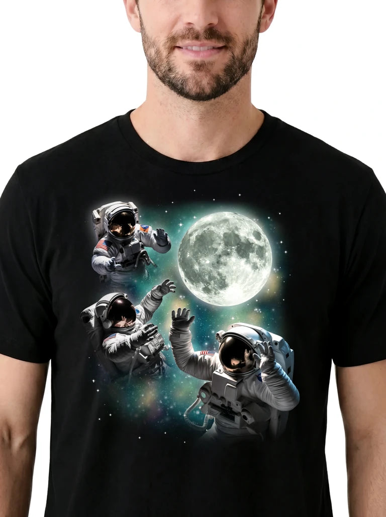 MagicMoon Three Astronaut Moon on model, design detail view, Funny Novelty Shirt