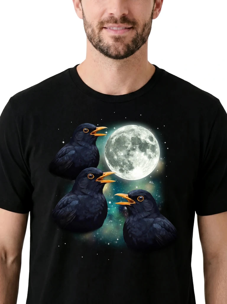 MagicMoon Three Blackbird Moon on model, design detail view, Funny Animal Shirt