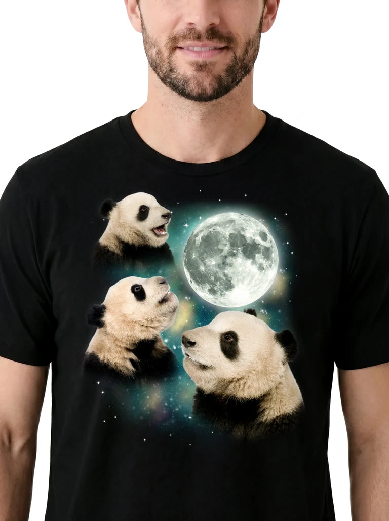 MagicMoon Three Panda Moon on model, design detail view, Funny Animal Shirt