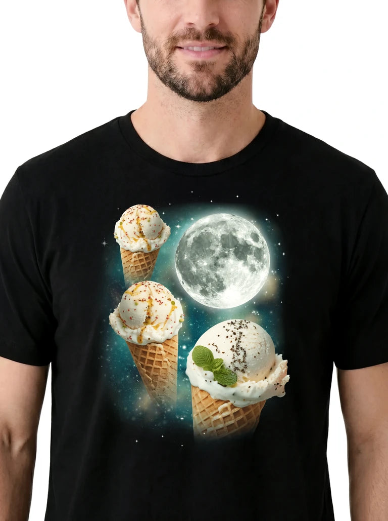 MagicMoon Three Ice Cream Cones Moon on model, design detail view, Funny Food Shirt