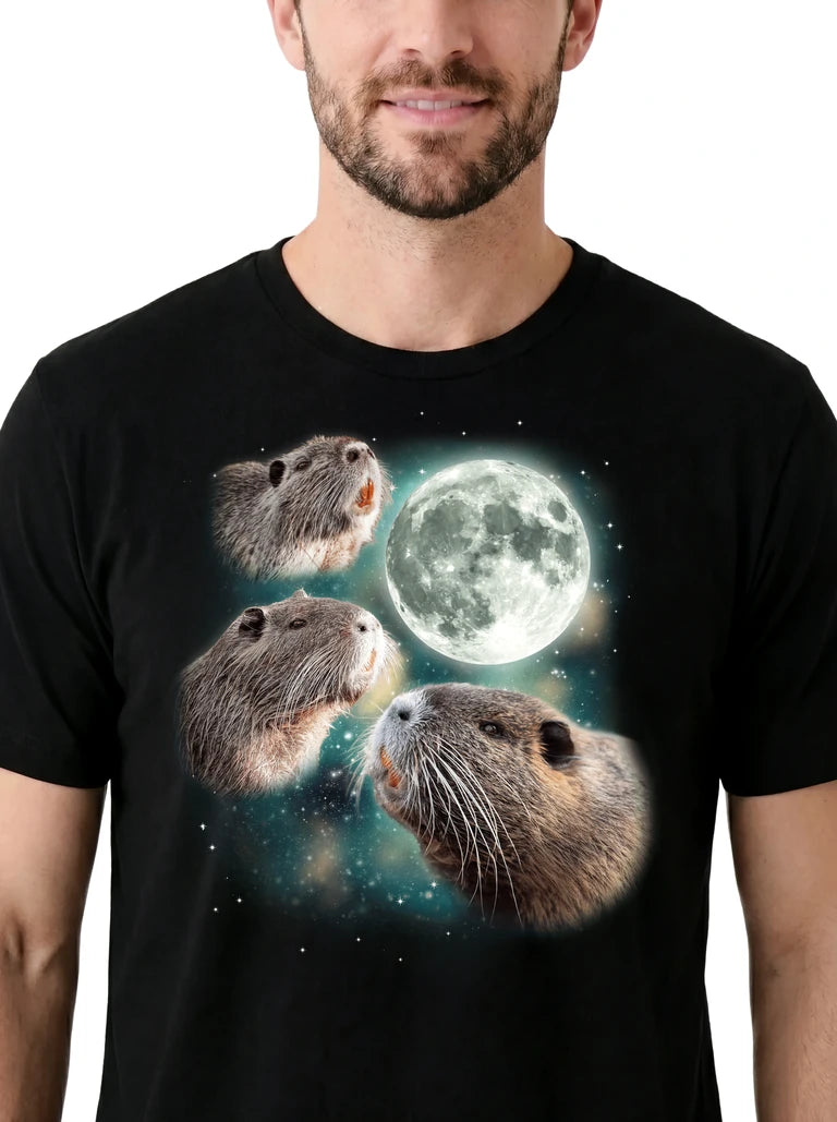 MagicMoon Three Beavers Moon on model, design detail view, Funny Animal Shirt