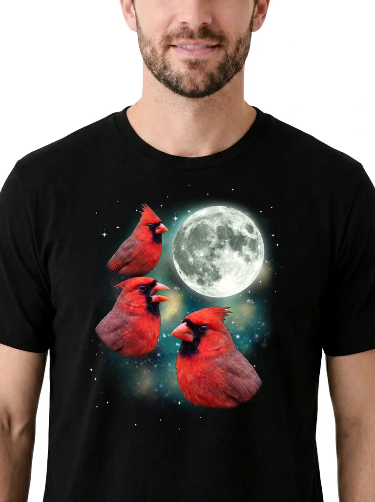 MagicMoon Three Cardinal Moon on model, design detail view, Funny Animal Shirt