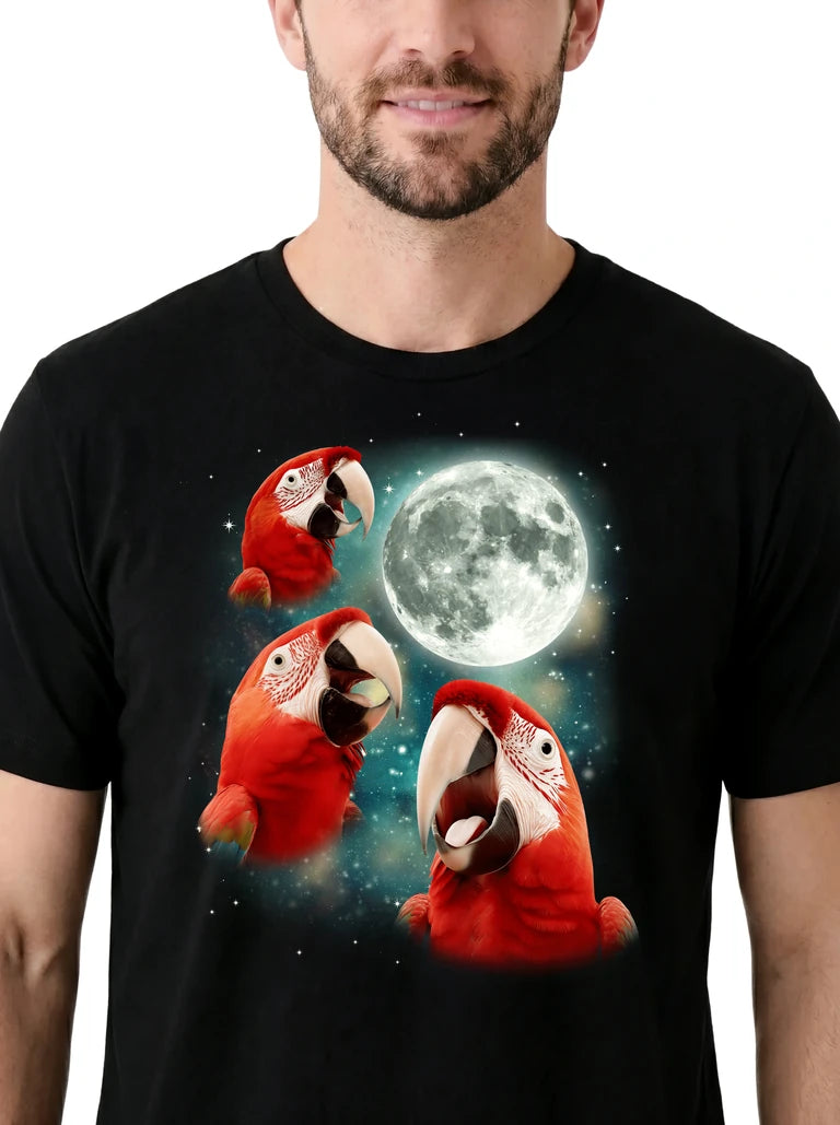 MagicMoon Three Parrot Moon on model, design detail view, Funny Animal Shirt