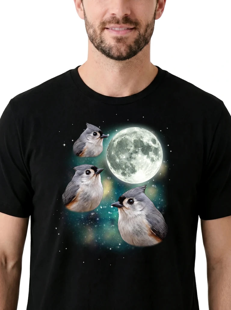 MagicMoon Three Titmouse Moon on model, design detail view, Funny Animal Shirt