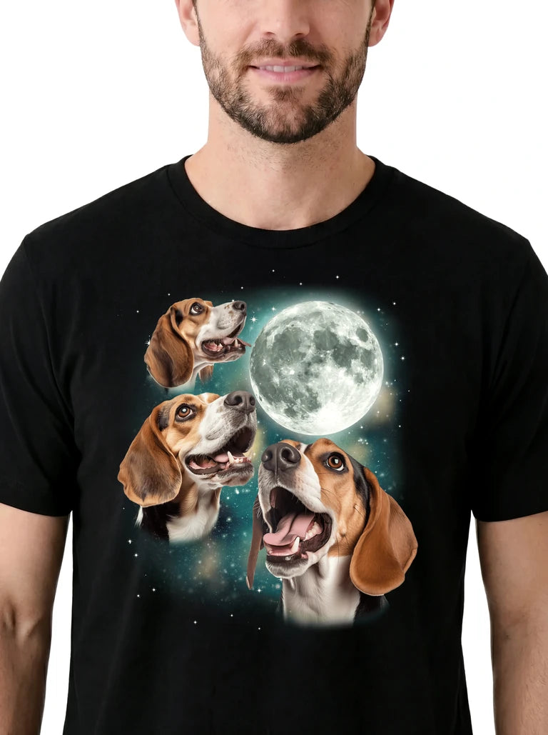 MagicMoon Three Beagle Moon on model, design detail view, Funny Animal Shirt