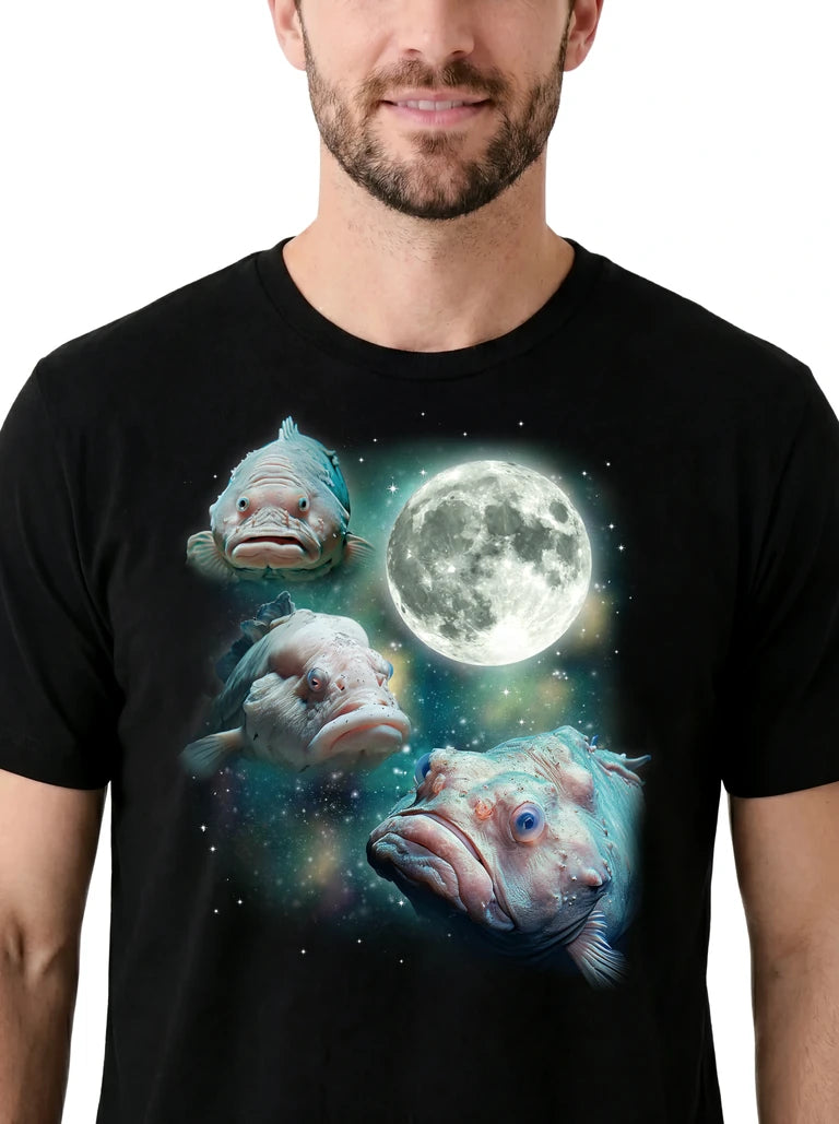 MagicMoon Three Blobfish Moon on model, design detail view, Funny Animal Shirt