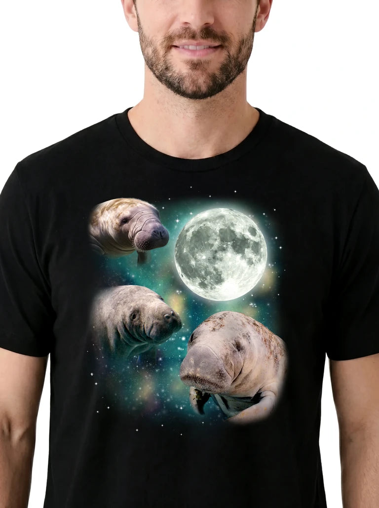 MagicMoon Three Manatee Moon on model, design detail view, Funny Animal Shirt