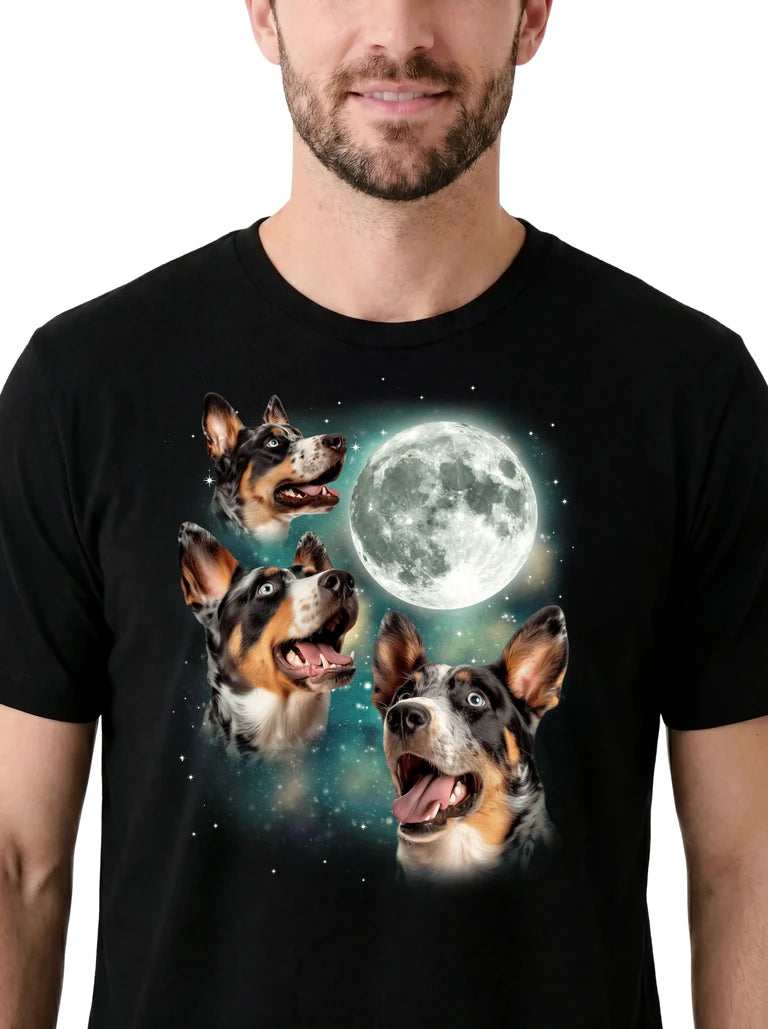 MagicMoon Three Australian Cattle Dog Moon on model, design detail view, Funny Animal Shirt