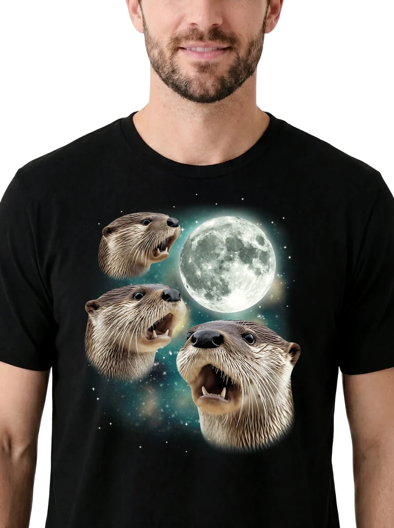 MagicMoon Three Otter Moon on model, design detail view, Funny Animal Shirt
