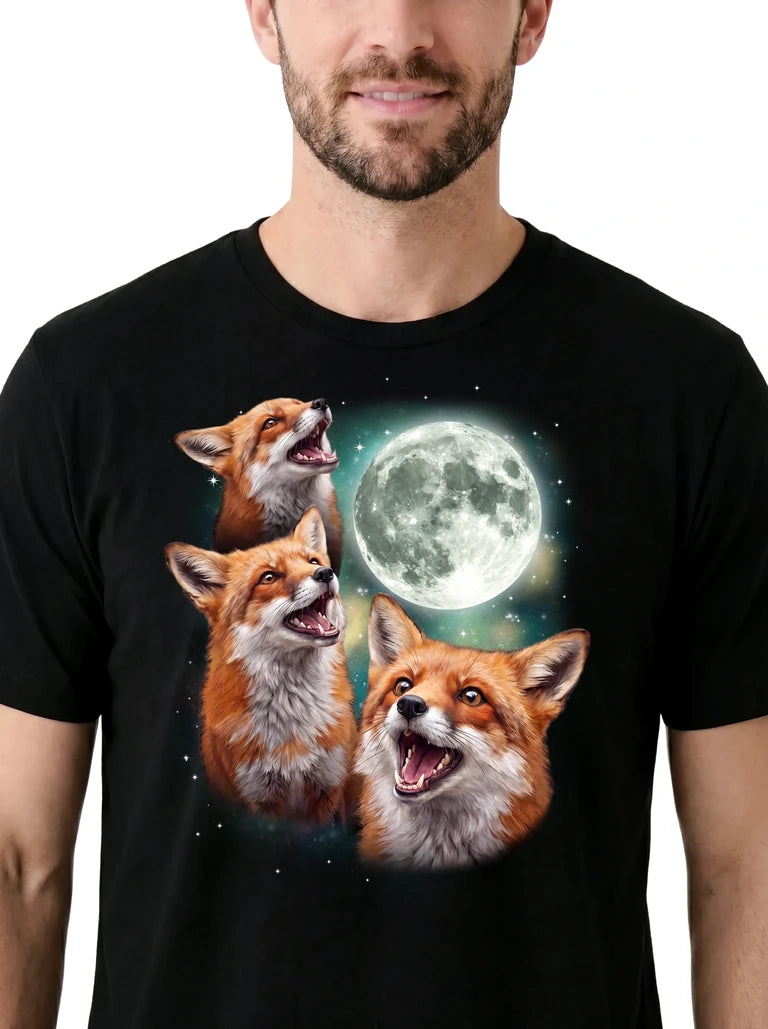 MagicMoon Three Fox Moon on model, design detail view, Funny Animal Shirt