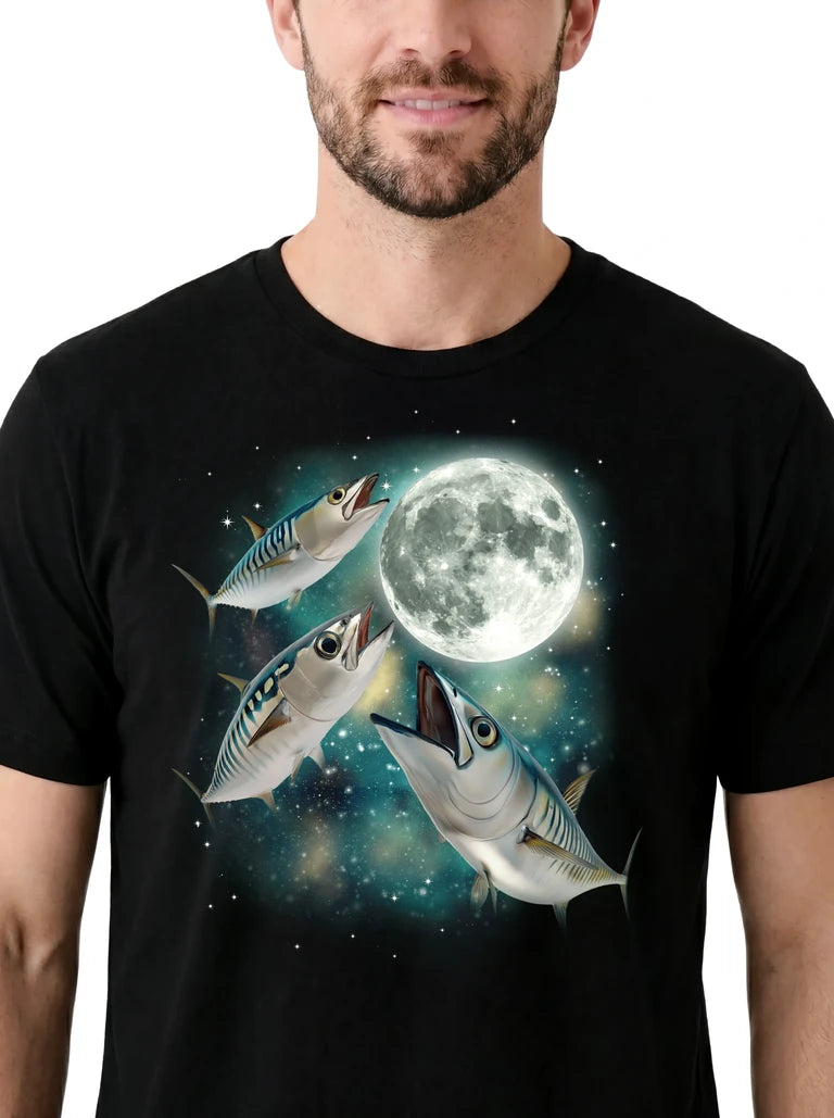 MagicMoon Three Mackerel Moon on model, design detail view, Funny Animal Shirt