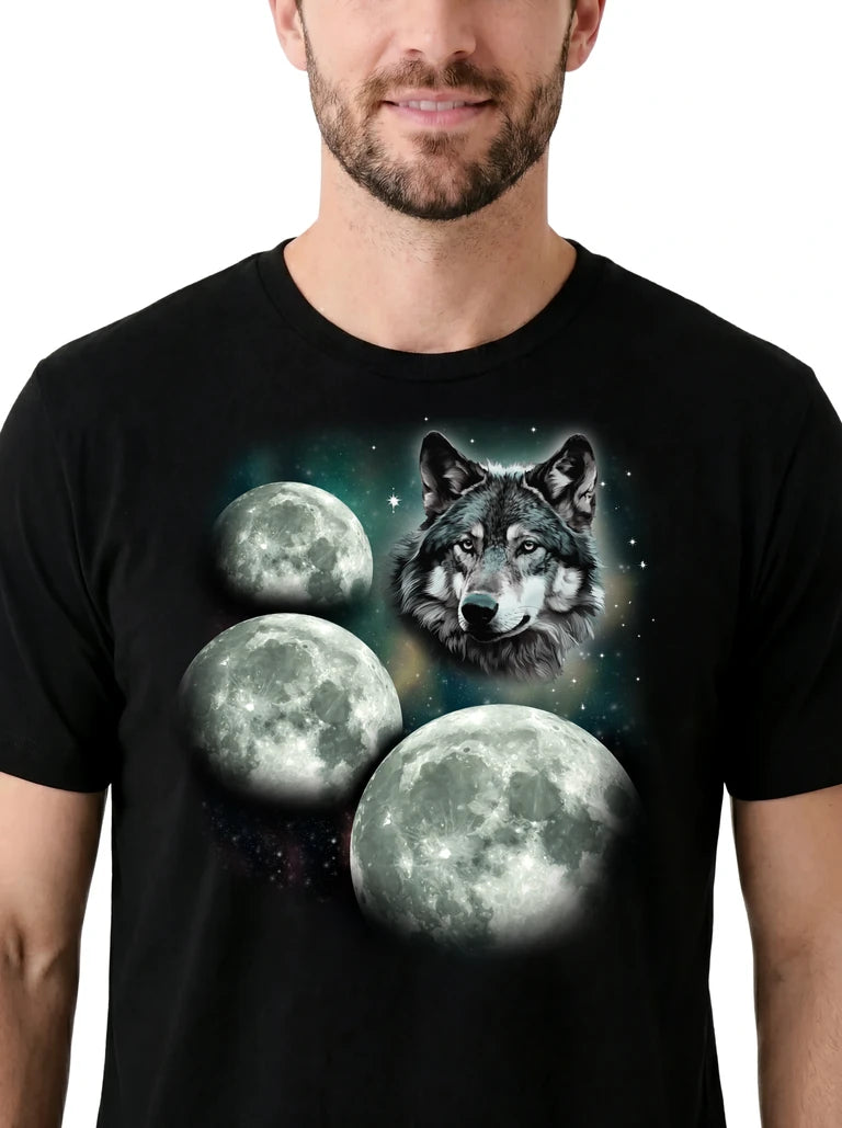 MagicMoon Three Wolf Moon on model, design detail view, Funny Animal Shirt