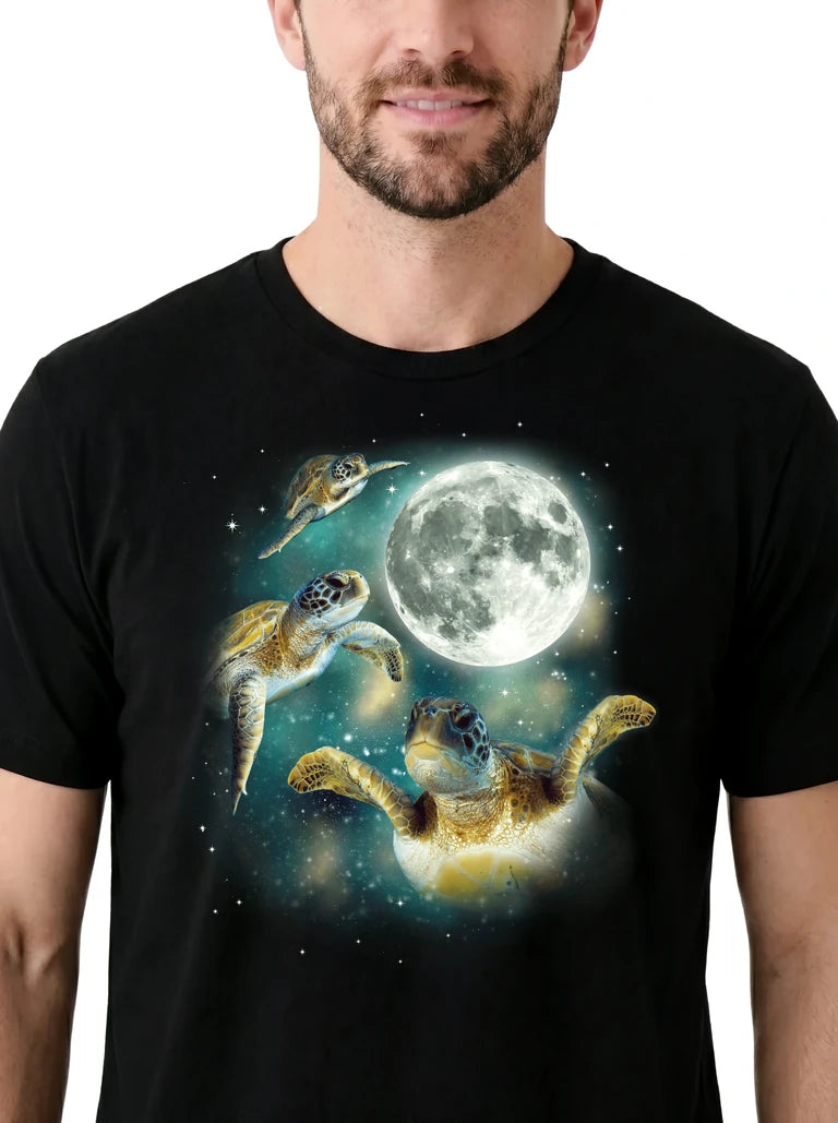 MagicMoon Three Sea Turtle Moon on model, design detail view, Funny Animal Shirt