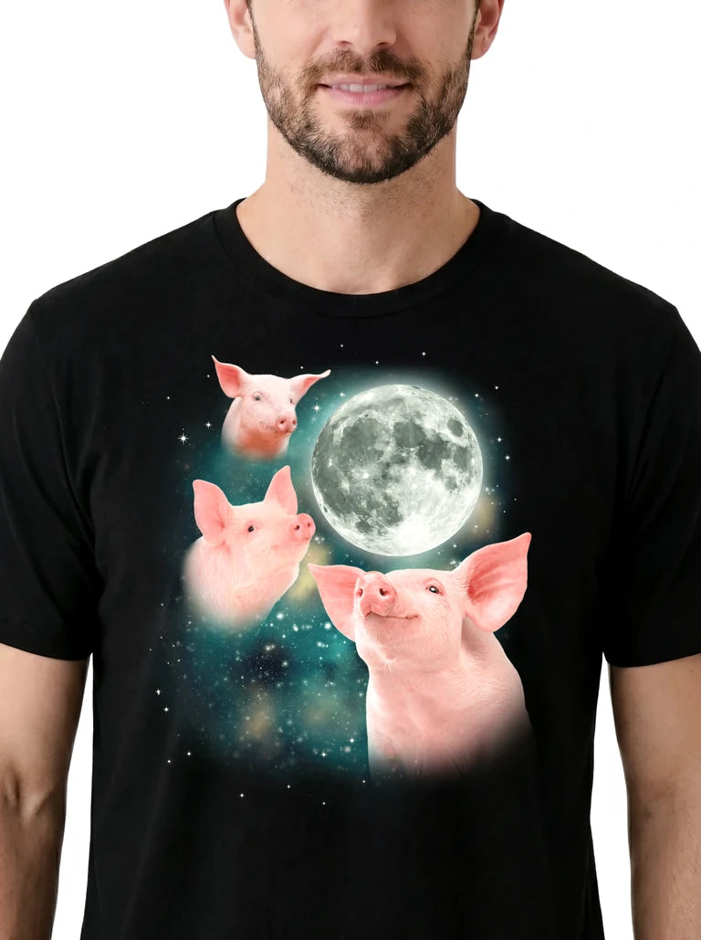 MagicMoon Three Pig Moon on model, design detail view, Funny Animal Shirt