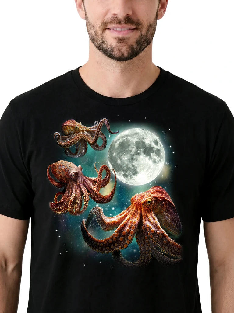 MagicMoon Three Octopus Moon on model, design detail view, Funny Animal Shirt