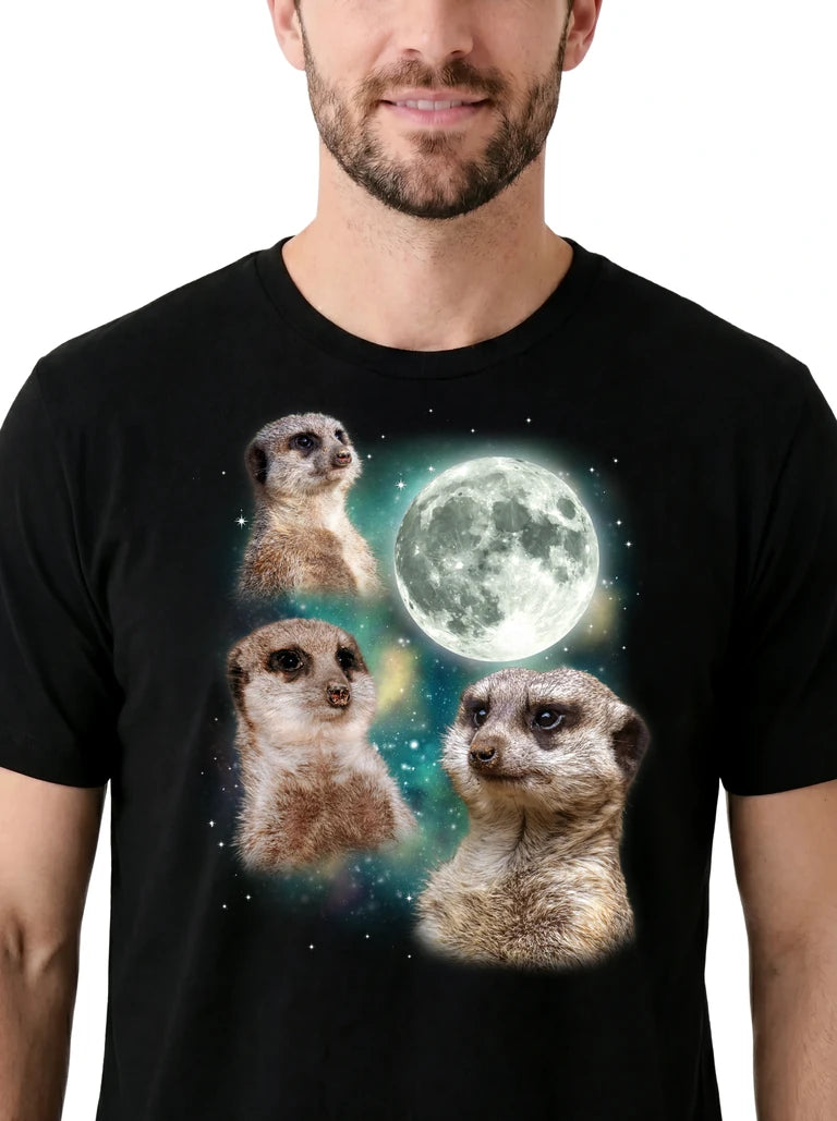 MagicMoon Three Meerkat Moon on model, design detail view, Funny Animal Shirt
