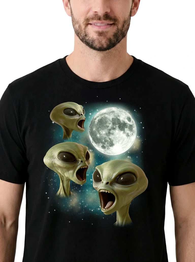 MagicMoon Three Alien Moon on model, design detail view, Funny Novelty Shirt