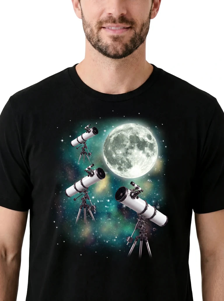 MagicMoon Three Telescope Moon on model, design detail view, Funny Novelty Shirt