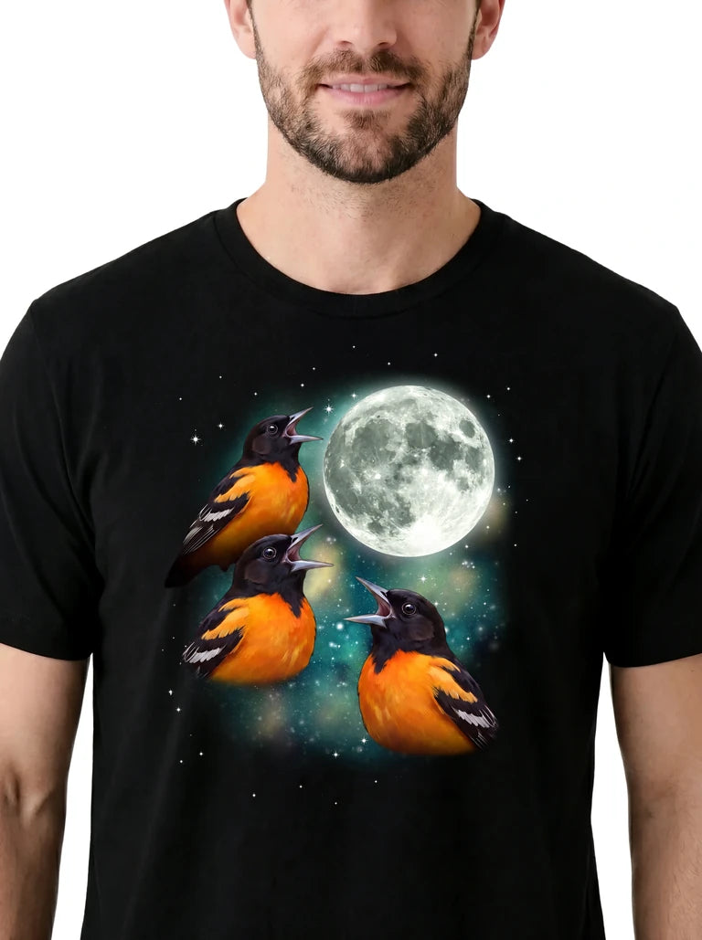 MagicMoon Three Oriole Moon on model, design detail view, Funny Animal Shirt