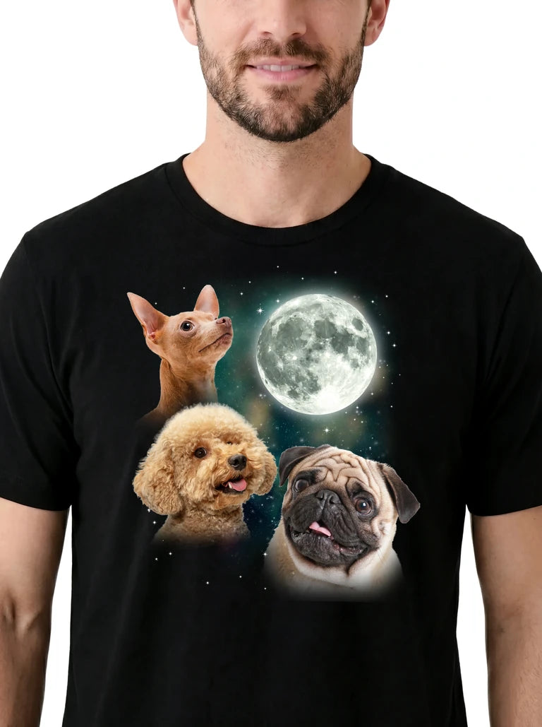 MagicMoon Three Dog Moon on model, design detail view, Funny Animal Shirt