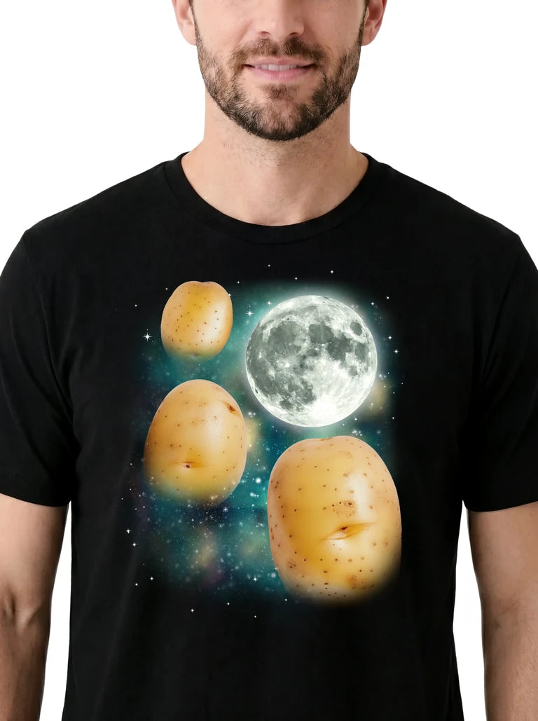 MagicMoon Three Potato Moon on model, design detail view, Funny Animal Shirt