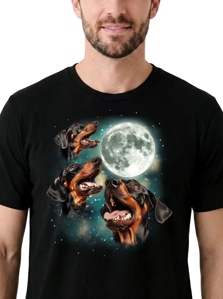 MagicMoon Three Doberman Pinscher Moon on model, design detail view, Funny Animal Shirt
