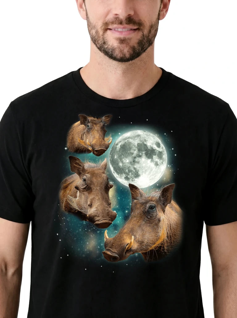 MagicMoon Three Warthog Moon on model, design detail view, Funny Animal Shirt