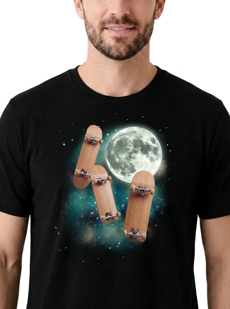 MagicMoon Three Skateboard Moon on model, design detail view, Funny Novelty Shirt