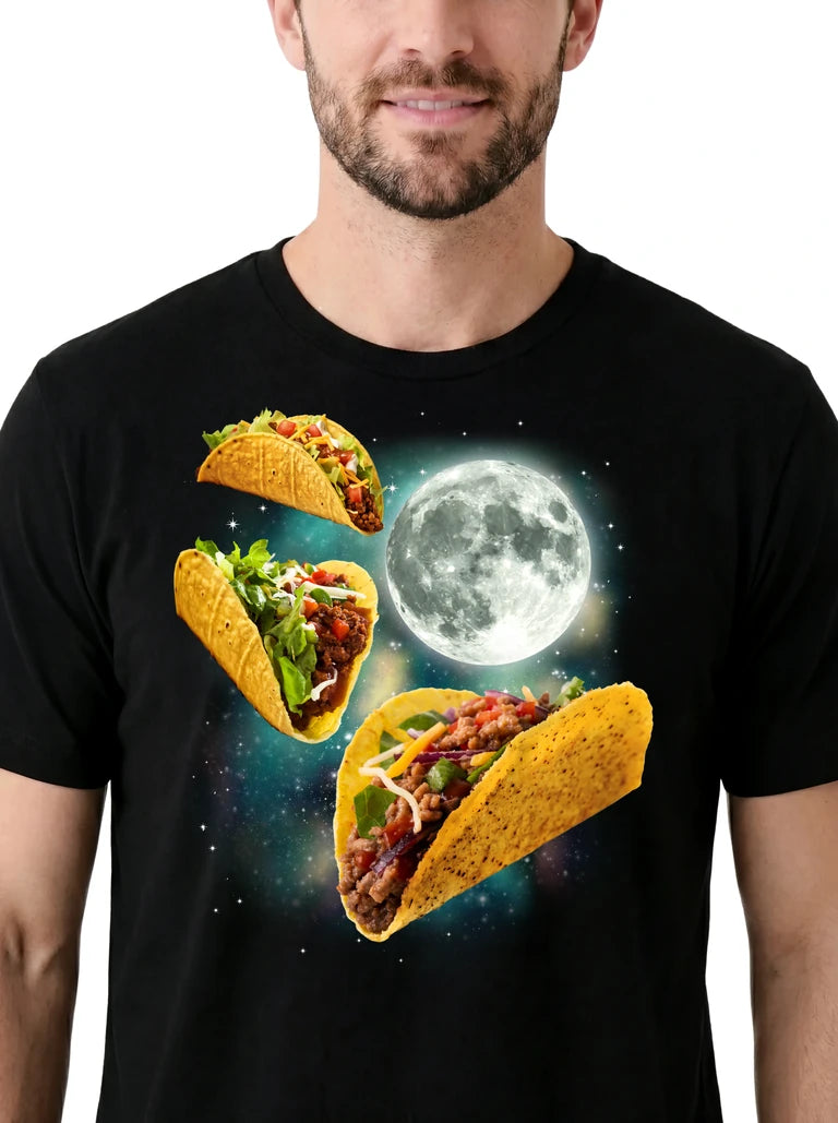 MagicMoon Three Tacos Moon on model, design detail view, Funny Food Shirt