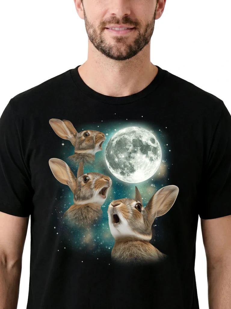 MagicMoon Three Rabbit Moon on model, design detail view, Funny Animal Shirt