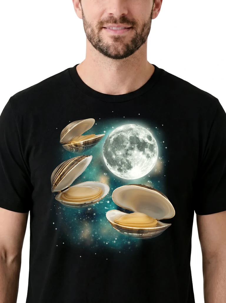MagicMoon Three Clam Moon on model, design detail view, Funny Animal Shirt
