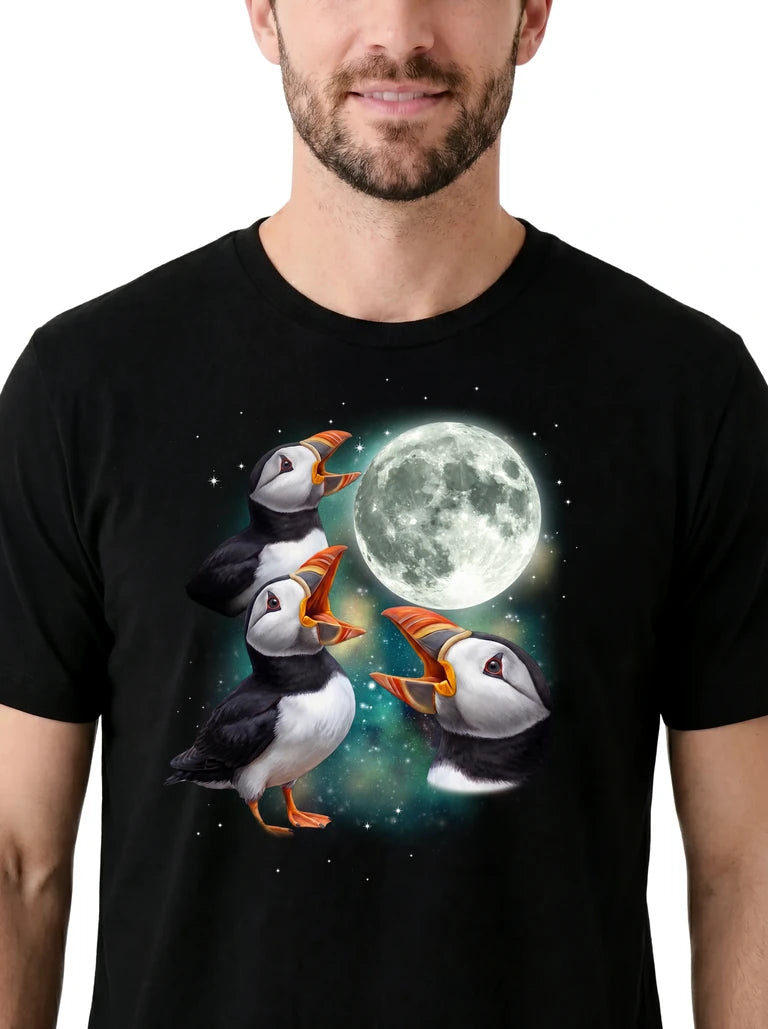 MagicMoon Three Puffin Moon on model, design detail view, Funny Animal Shirt
