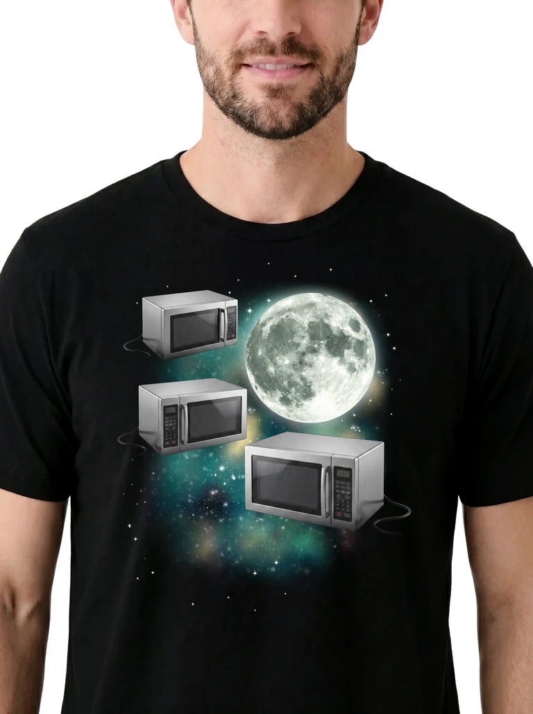 MagicMoon Three Microwave Moon on model, design detail view, Funny Novelty Shirt