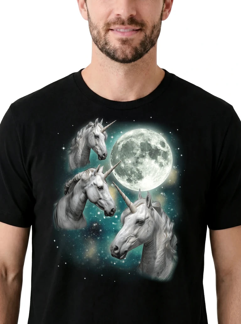 MagicMoon Three Unicorn Moon on model, design detail view, Funny Novelty Shirt