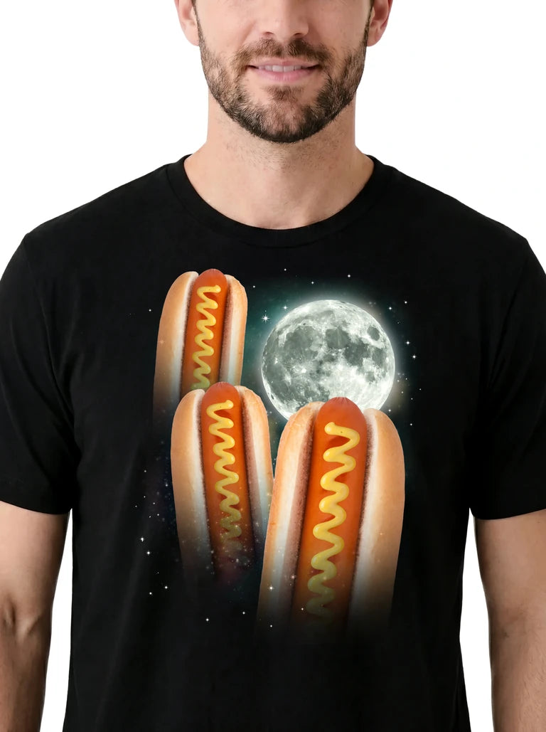 MagicMoon Three Hot Dog Moon on model, design detail view, Funny Food Shirt