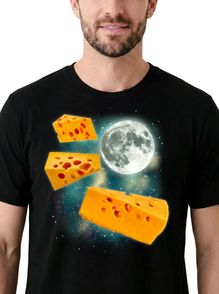 MagicMoon Three Cheese Moon on model, design detail view, Funny Food Shirt