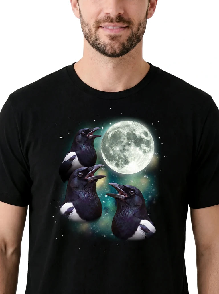 MagicMoon Three Magpie Moon on model, design detail view, Funny Animal Shirt