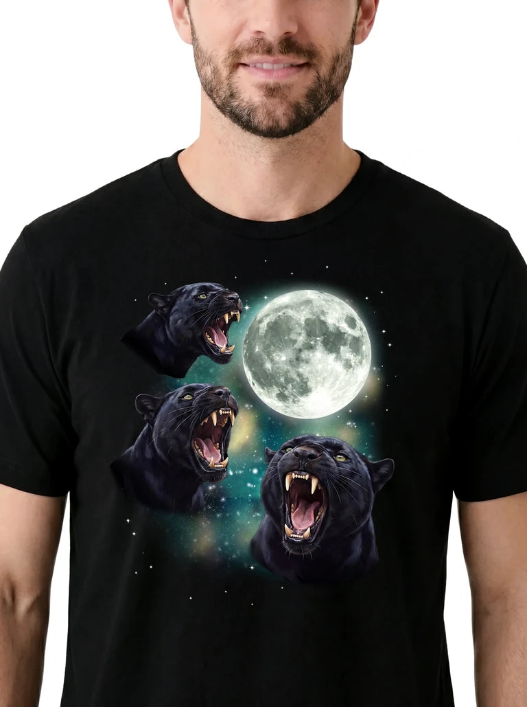 MagicMoon Three Panther Moon on model, design detail view, Funny Animal Shirt