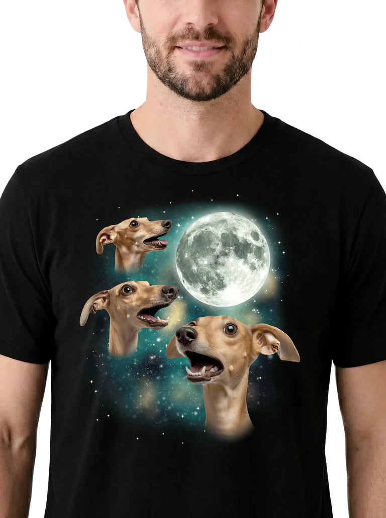MagicMoon Three Whippet Moon on model, design detail view, Funny Animal Shirt