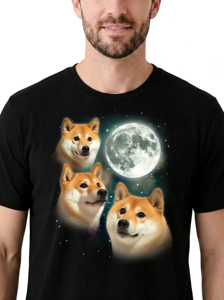 MagicMoon Three Doge Moon on model, design detail view, Funny Animal Shirt