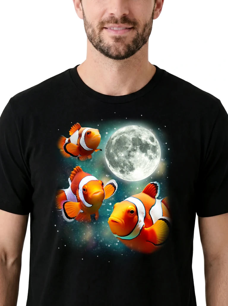 MagicMoon Three Clownfish Moon on model, design detail view, Funny Animal Shirt