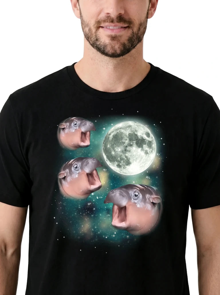 MagicMoon Three Moo Deng Moon on model, design detail view, Funny Animal Shirt