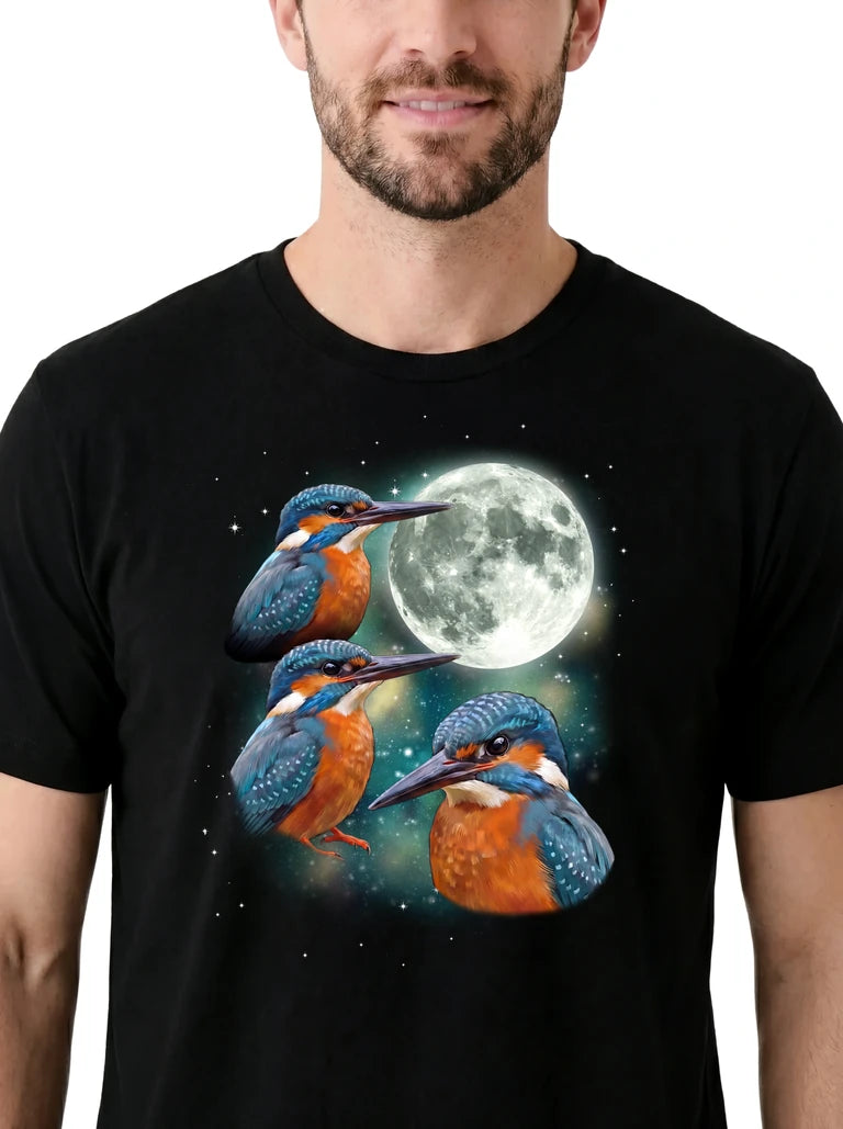 MagicMoon Three Kingfisher Moon on model, design detail view, Funny Animal Shirt