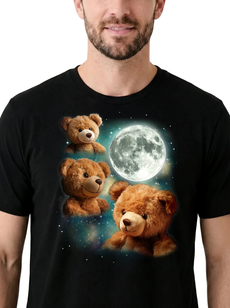 MagicMoon Three Teddy Bear Moon on model, design detail view, Funny Novelty Shirt