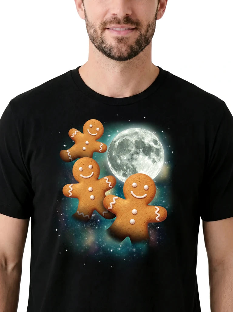 MagicMoon Three Gingerbread Men Moon on model, design detail view, Christmas Gift Shirt