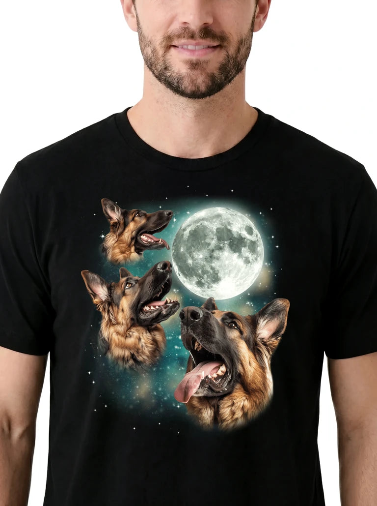 MagicMoon Three German Shepherd Moon on model, design detail view, Funny Animal Shirt