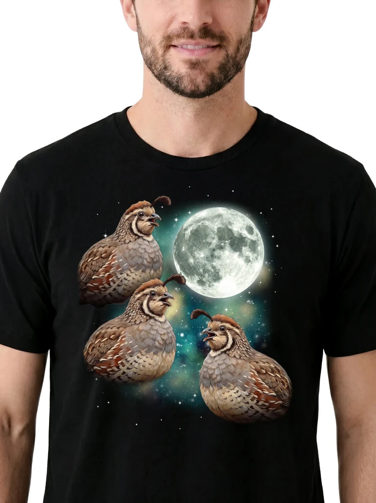 MagicMoon Three Quail Moon on model, design detail view, Funny Animal Shirt