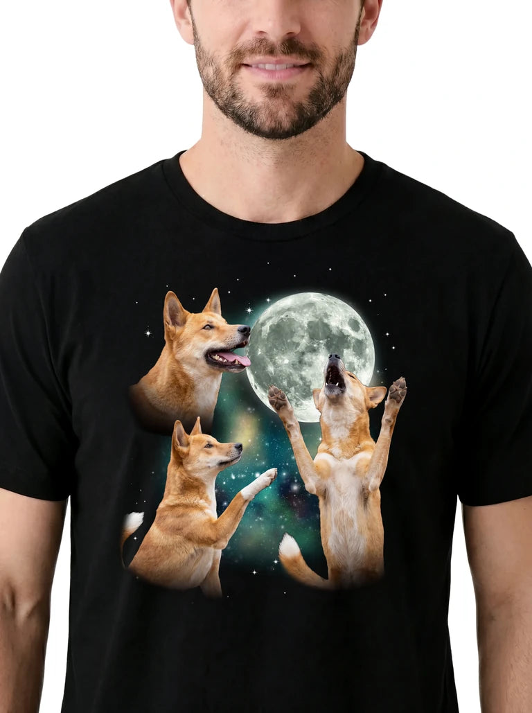 MagicMoon Three Dingo Moon on model, design detail view, Funny Animal Shirt